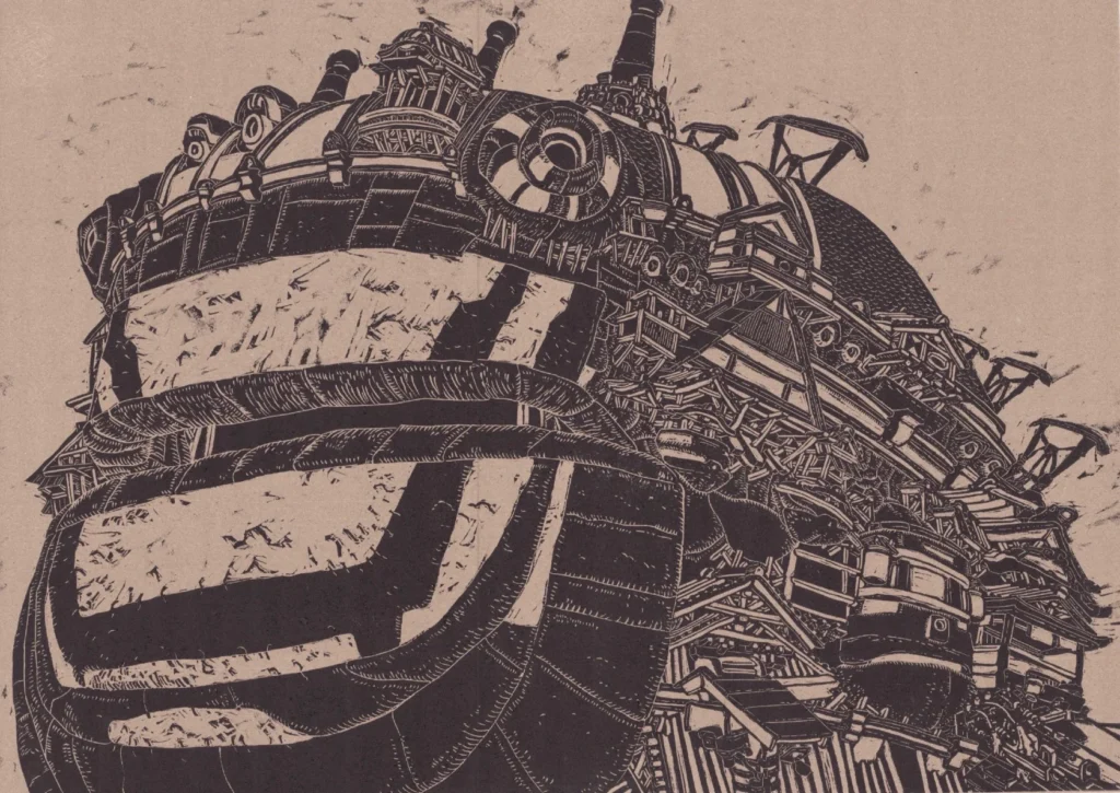 > Black woodcut of a monumental mechanical head assembled from dense architectural structures and ornamental details on warm-toned paper.