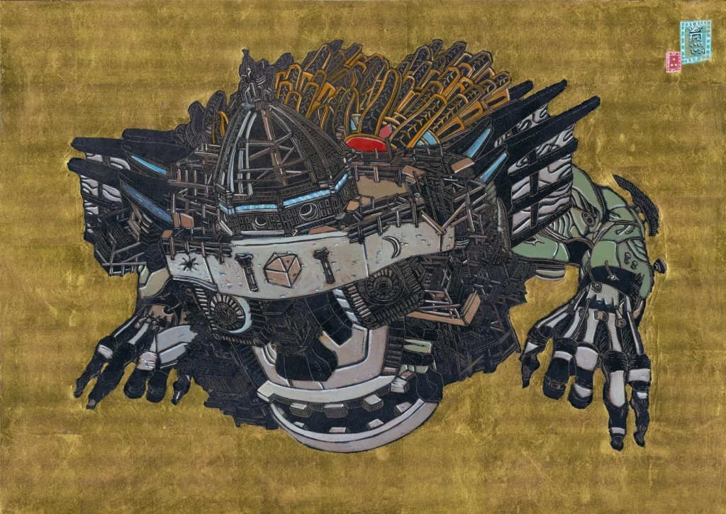Mechanical creature with an architectural head and intricate blue, black and white details against a gold background.